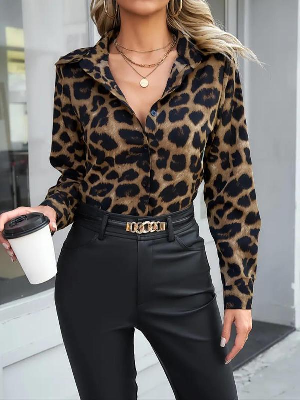 Women's Leopard Print Button Front Shirt, Casual Long Sleeve Collared Top for Fall & Winter, Women's Clothes for Daily Wear